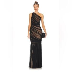 Norma Kamali Diana Fishtail Gown in Black Mesh & Nude
